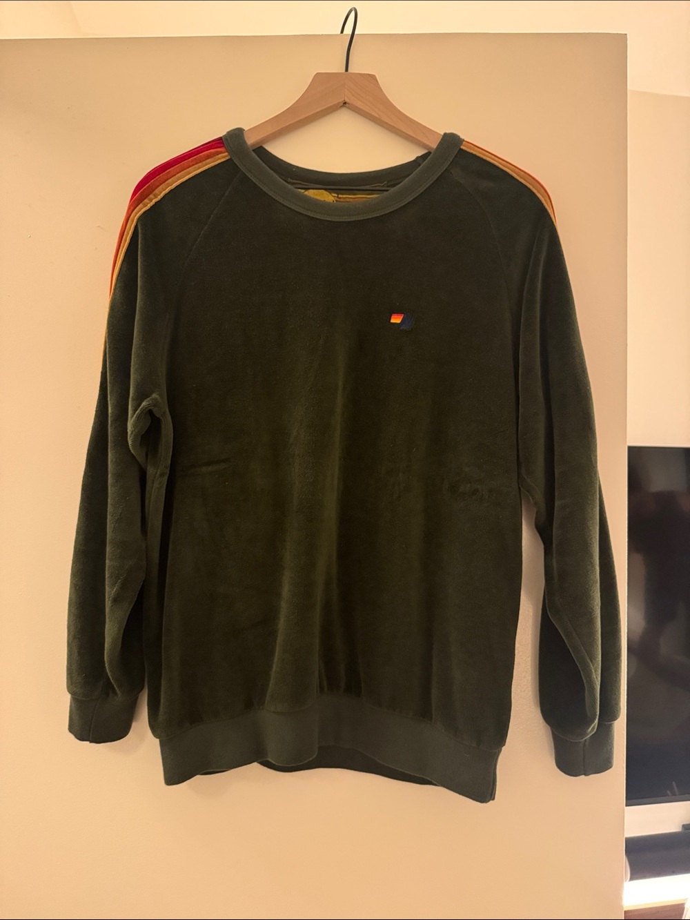 Aviator Nation Olive Green Velour Crewneck with Red and Yellow Shoulder Stripes